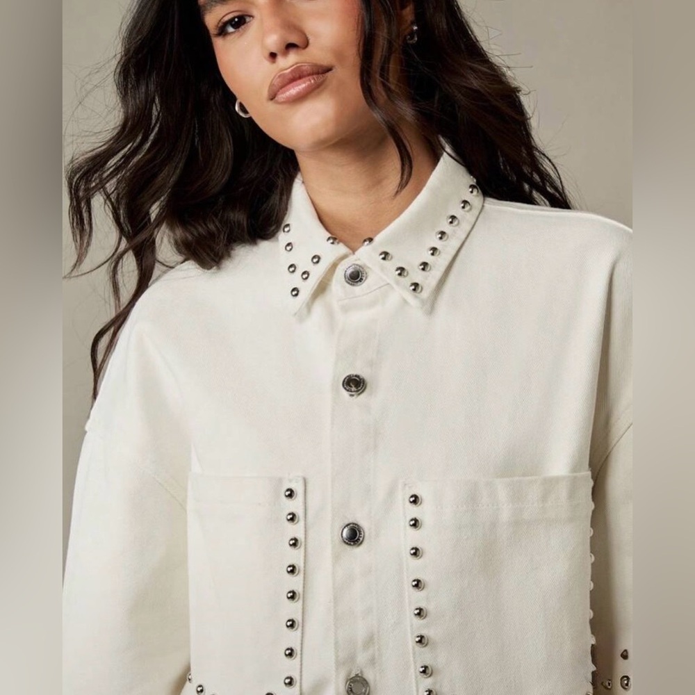 Missguided Ivory Cream Studded Denim Shirt Oversized, XS Fits L, Pockets, NWT
